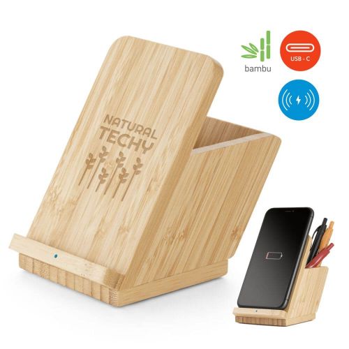 Carregador wireless ecológico em bambu personalizado para brindes 97940 Leavitt II